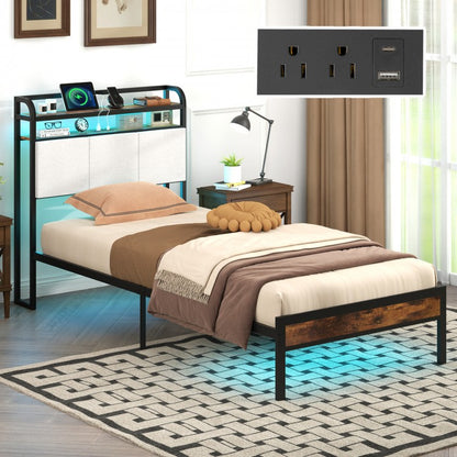 Modern Upholstered Platform Bed Frame with LED Lights, Charging Station, and Storage Headboard – Twin Size
