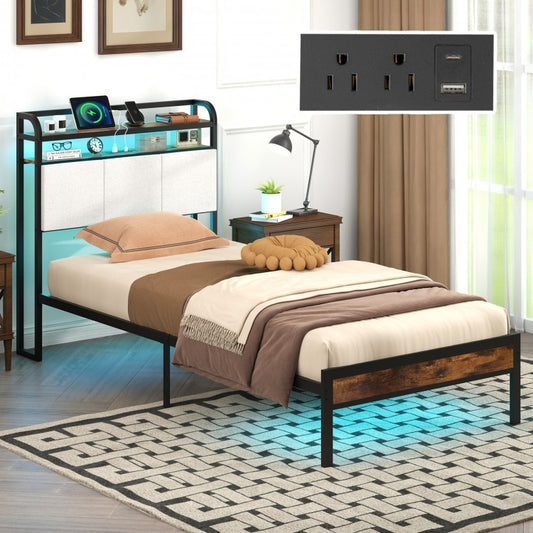 Modern Upholstered Platform Bed Frame with LED Lights, Charging Station, and Storage Headboard – Twin Size