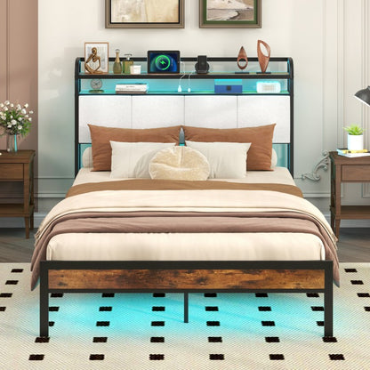 Modern Upholstered Platform Bed Frame with LED Lights, Charging Station, and Storage Headboard – Full Size