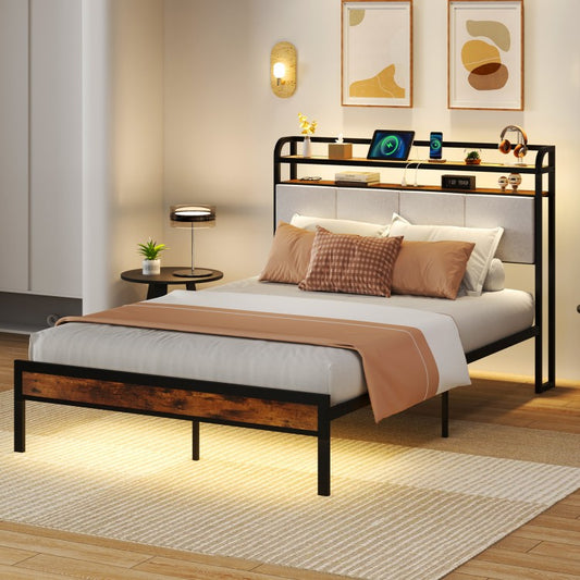 Modern Upholstered Platform Bed Frame with LED Lights, Charging Station, and Storage Headboard – Full Size