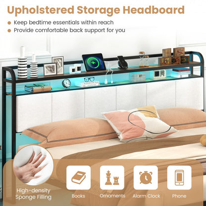 Modern Upholstered Platform Bed Frame with LED Lights, Charging Station, and Storage Headboard – King Size