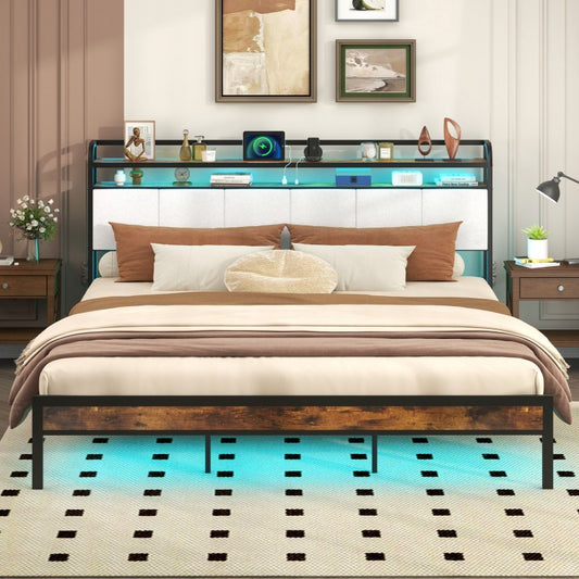 Modern Upholstered Platform Bed Frame with LED Lights, Charging Station, and Storage Headboard – King Size