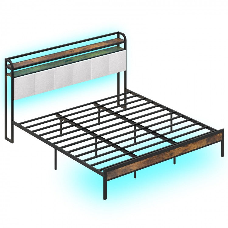 Modern Upholstered Platform Bed Frame with LED Lights, Charging Station, and Storage Headboard – King Size