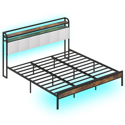 Modern Upholstered Platform Bed Frame with LED Lights, Charging Station, and Storage Headboard – King Size
