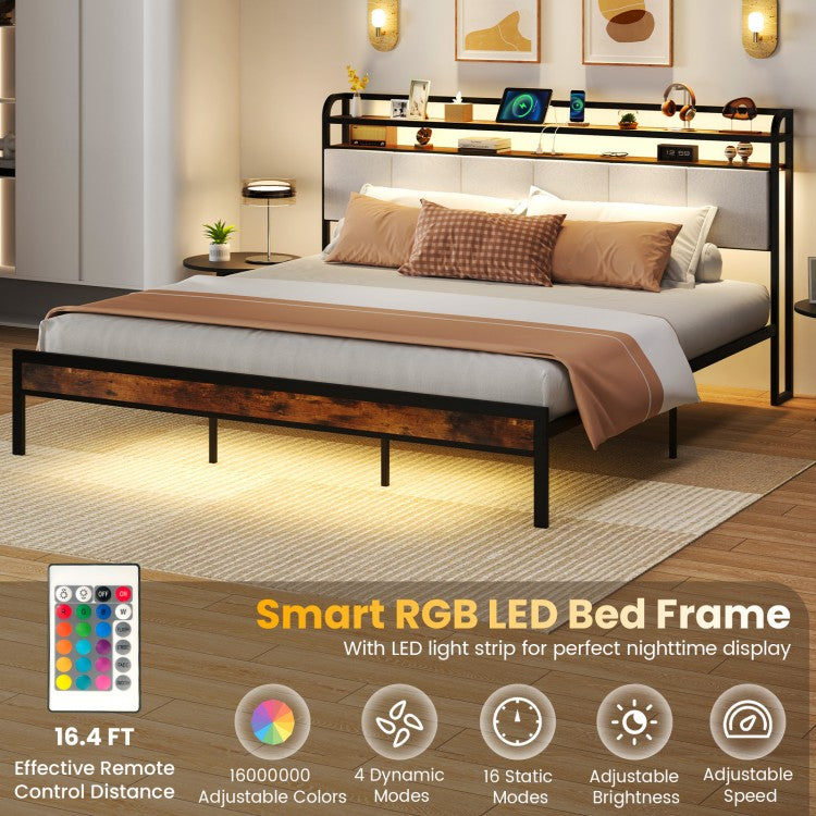 Modern Upholstered Platform Bed Frame with LED Lights, Charging Station, and Storage Headboard – King Size