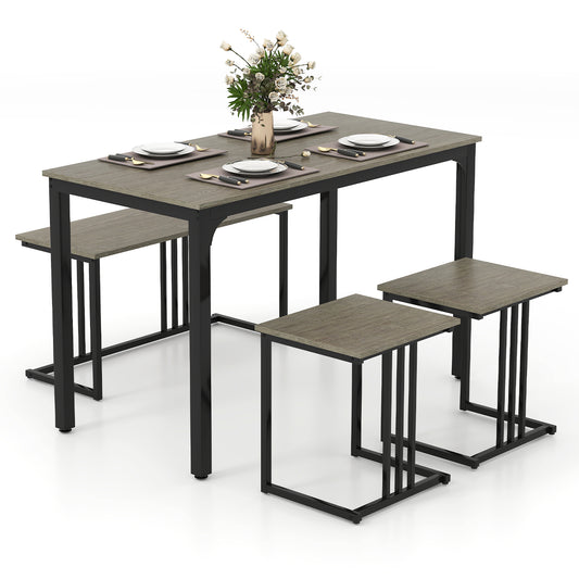 4 Piece Industrial Dining Table Set with Storage Bench and 2 Stools in Oak Wood Finish