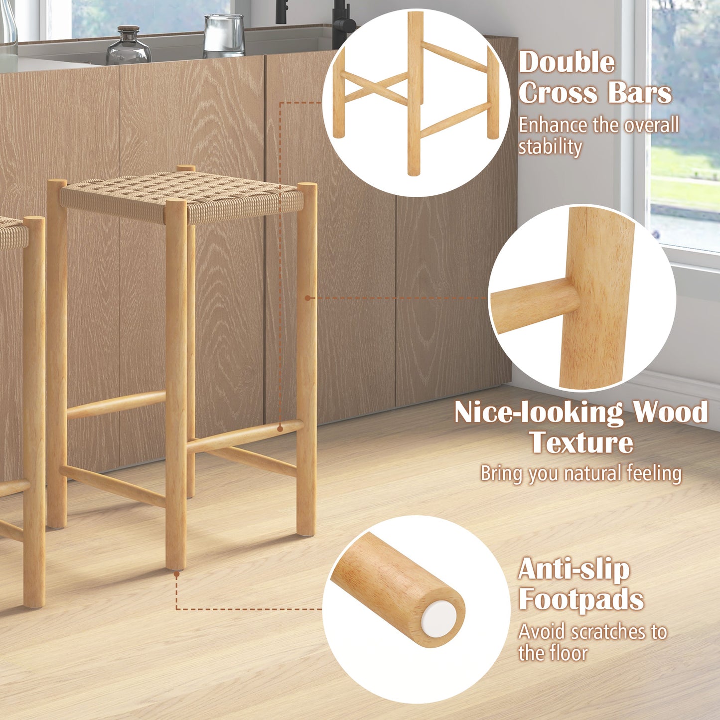 Pair of 26 Inch Wooden Dining Stools with Woven Paper Rope Seats
