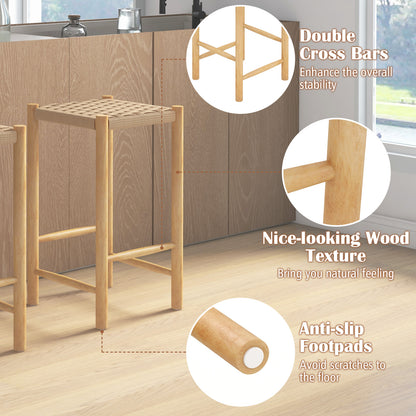 Pair of 26 Inch Wooden Dining Stools with Woven Paper Rope Seats
