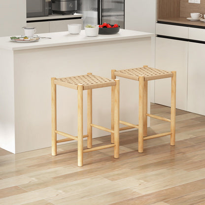 Pair of 26 Inch Wooden Dining Stools with Woven Paper Rope Seats
