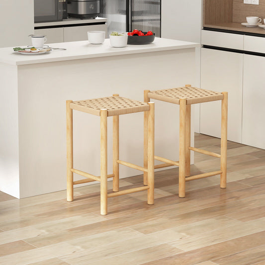 Pair of 26 Inch Wooden Dining Stools with Woven Paper Rope Seats
