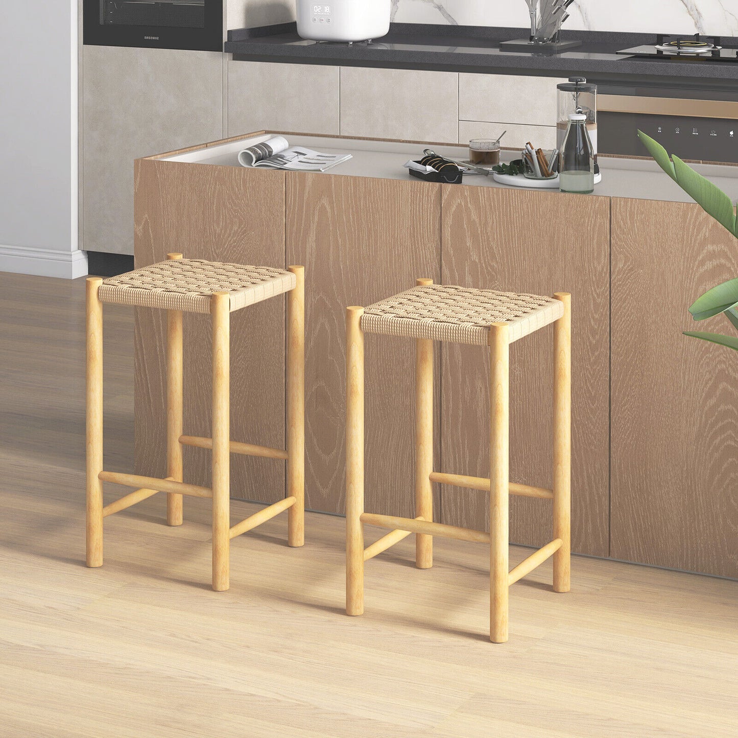 Pair of 26 Inch Wooden Dining Stools with Woven Paper Rope Seats