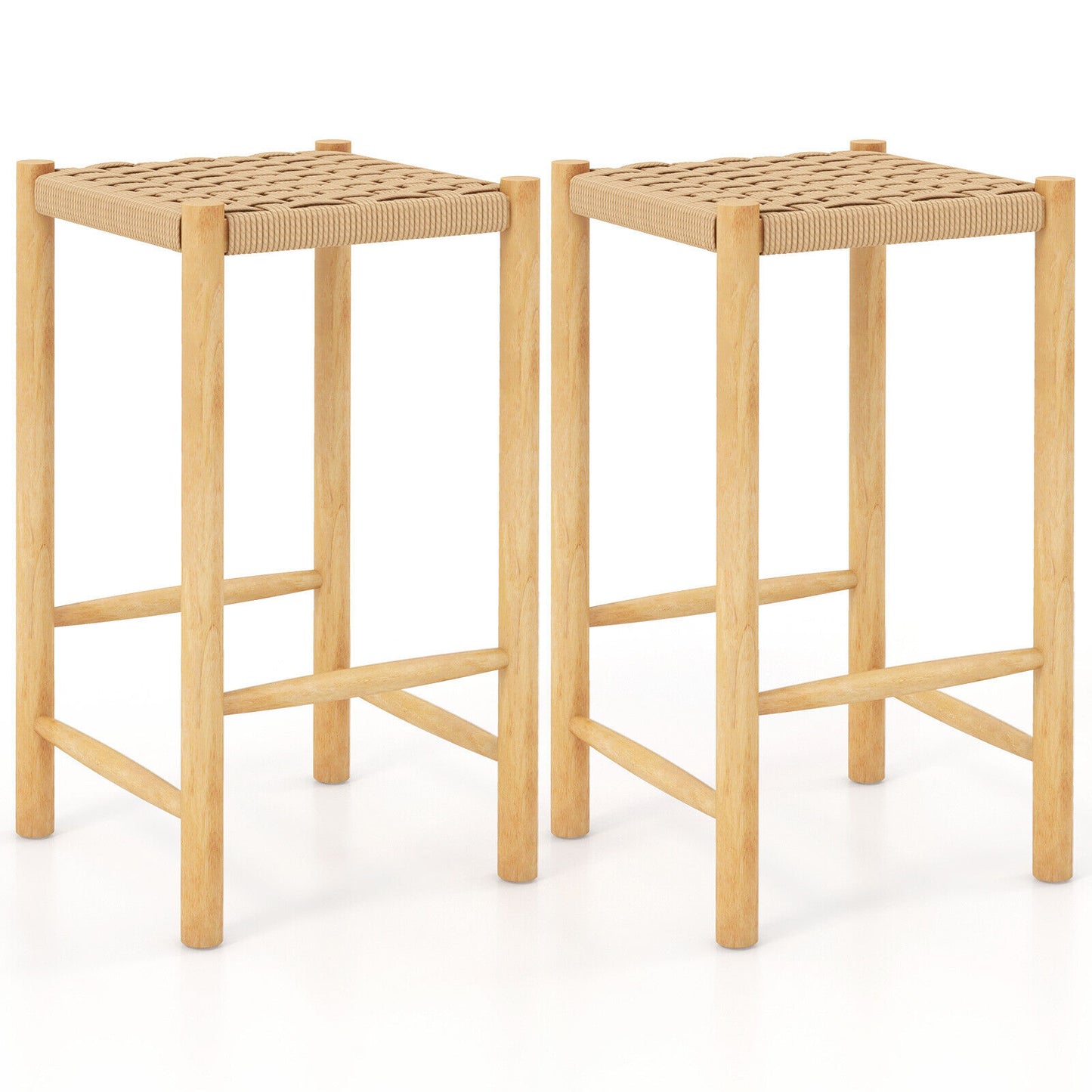 Pair of 26 Inch Wooden Dining Stools with Woven Paper Rope Seats