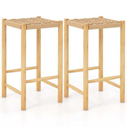Pair of 26 Inch Wooden Dining Stools with Woven Paper Rope Seats