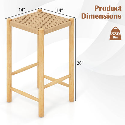 Pair of 26 Inch Wooden Dining Stools with Woven Paper Rope Seats