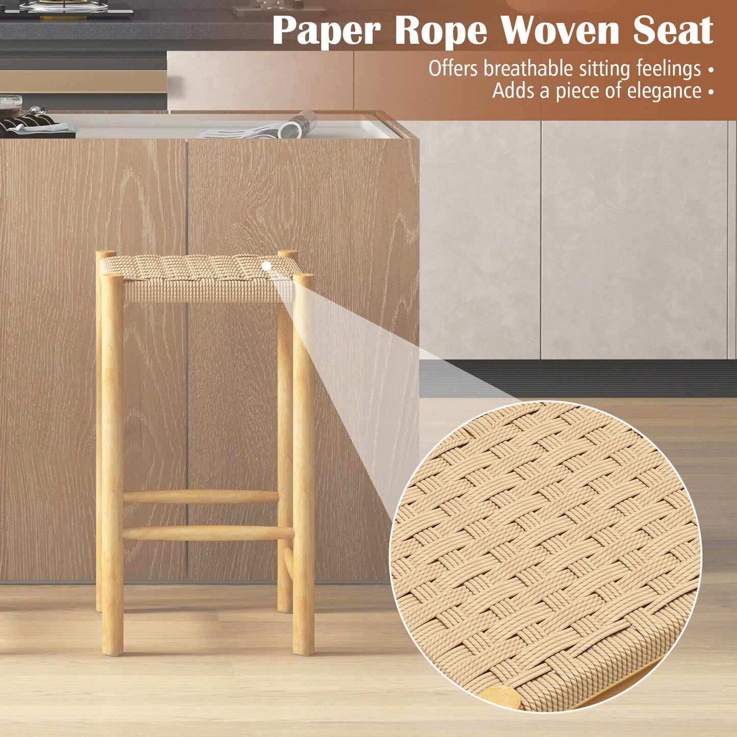Pair of 26 Inch Wooden Dining Stools with Woven Paper Rope Seats