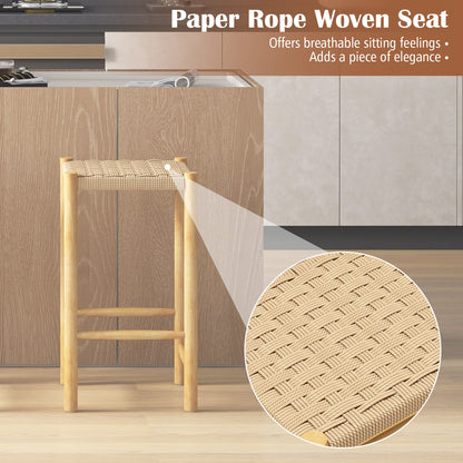 Pair of 26 Inch Wooden Dining Stools with Woven Paper Rope Seats