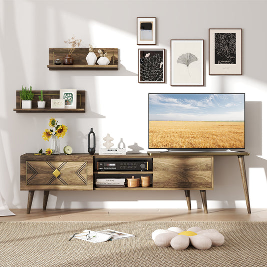 Mid-Century Walnut TV Stand with Storage Cabinets and Floating Shelves for TVs up to 85 Inches