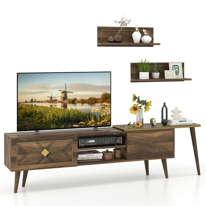 Mid-Century Walnut TV Stand with Storage Cabinets and Floating Shelves for TVs up to 85 Inches