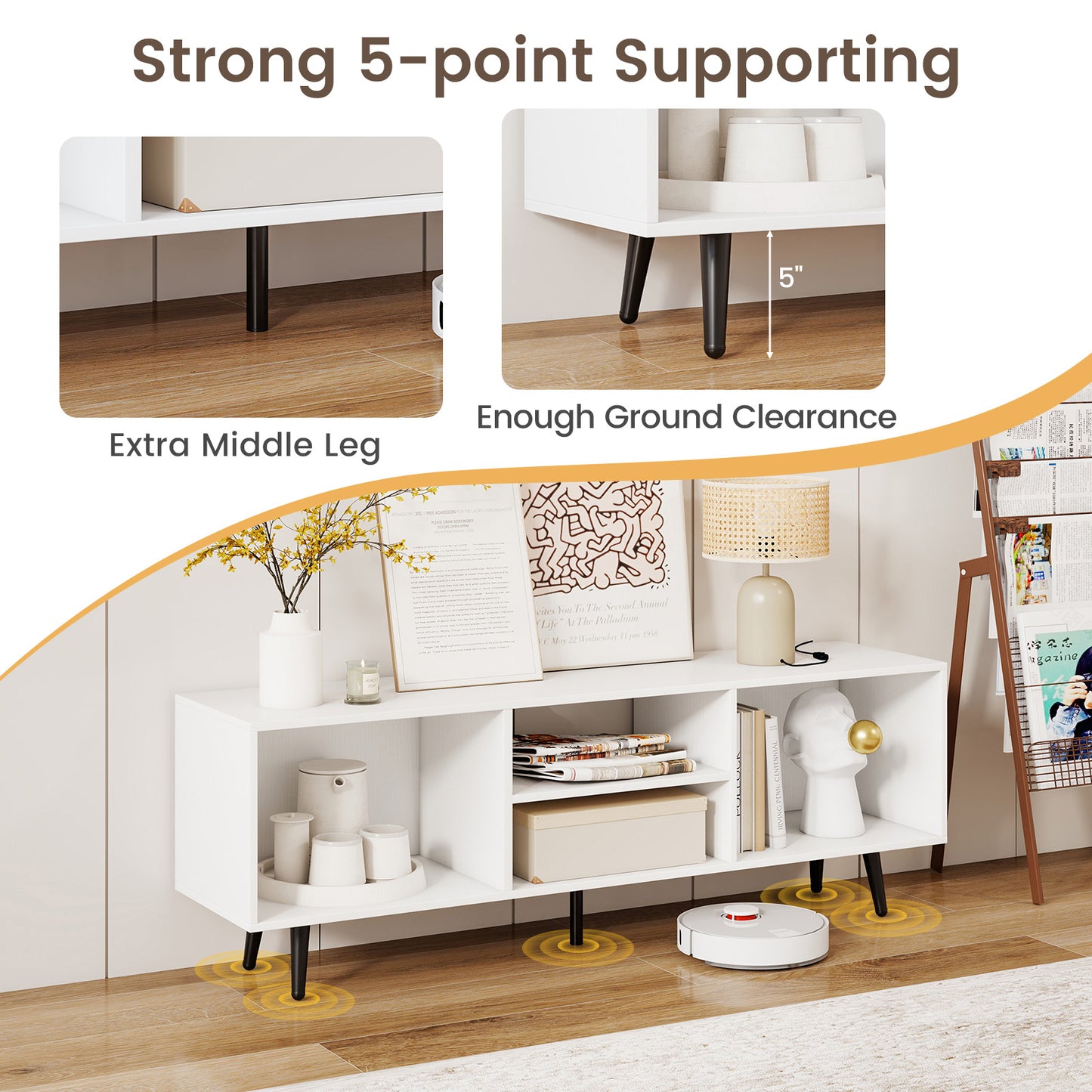 Contemporary 47.5 Inch Media Console with Open Storage and Metal Legs for TVs up to 55 Inches, White