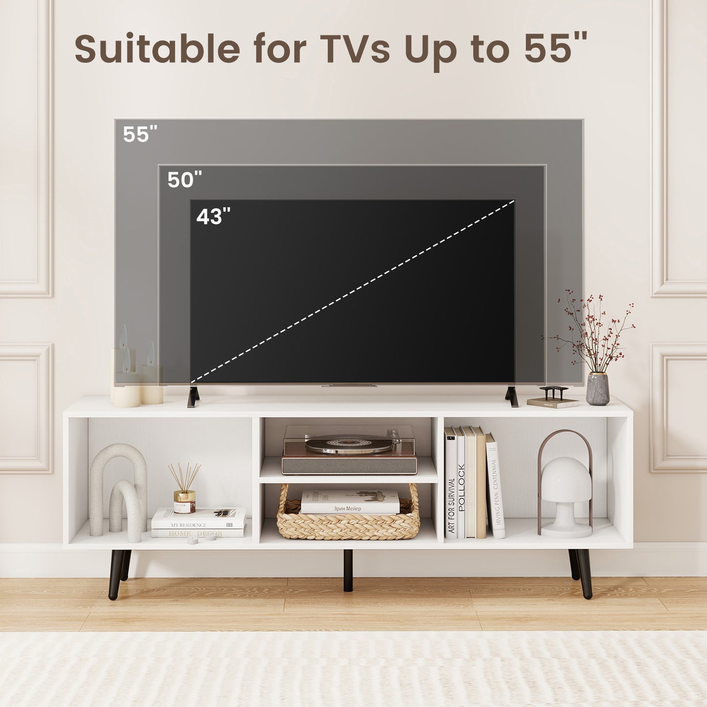 Contemporary 47.5 Inch Media Console with Open Storage and Metal Legs for TVs up to 55 Inches, White