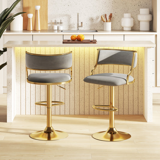 Velvet Swivel Bar Stools with Adjustable Height and Gold Base Pair for Kitchen Island or Home Bar