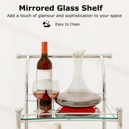 Elegant Bar Cart with Mirrored Glass Shelves Three Tier Rolling Serving Cart - Silver