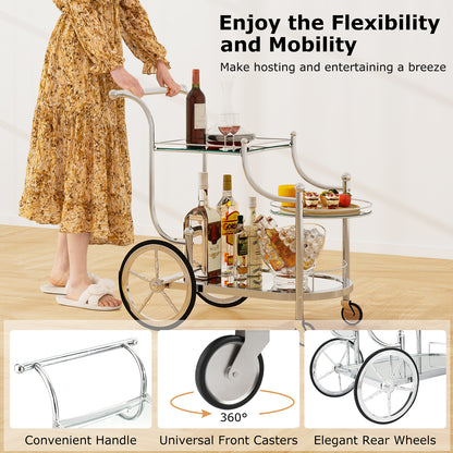 Elegant Bar Cart with Mirrored Glass Shelves Three Tier Rolling Serving Cart - Silver