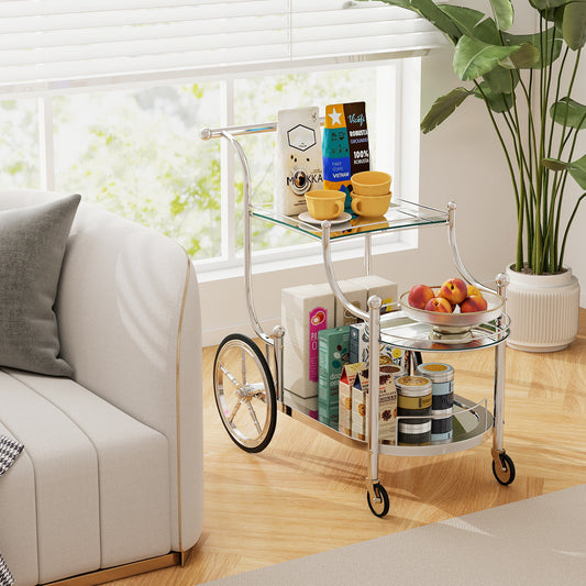 Elegant Bar Cart with Mirrored Glass Shelves Three Tier Rolling Serving Cart - Silver