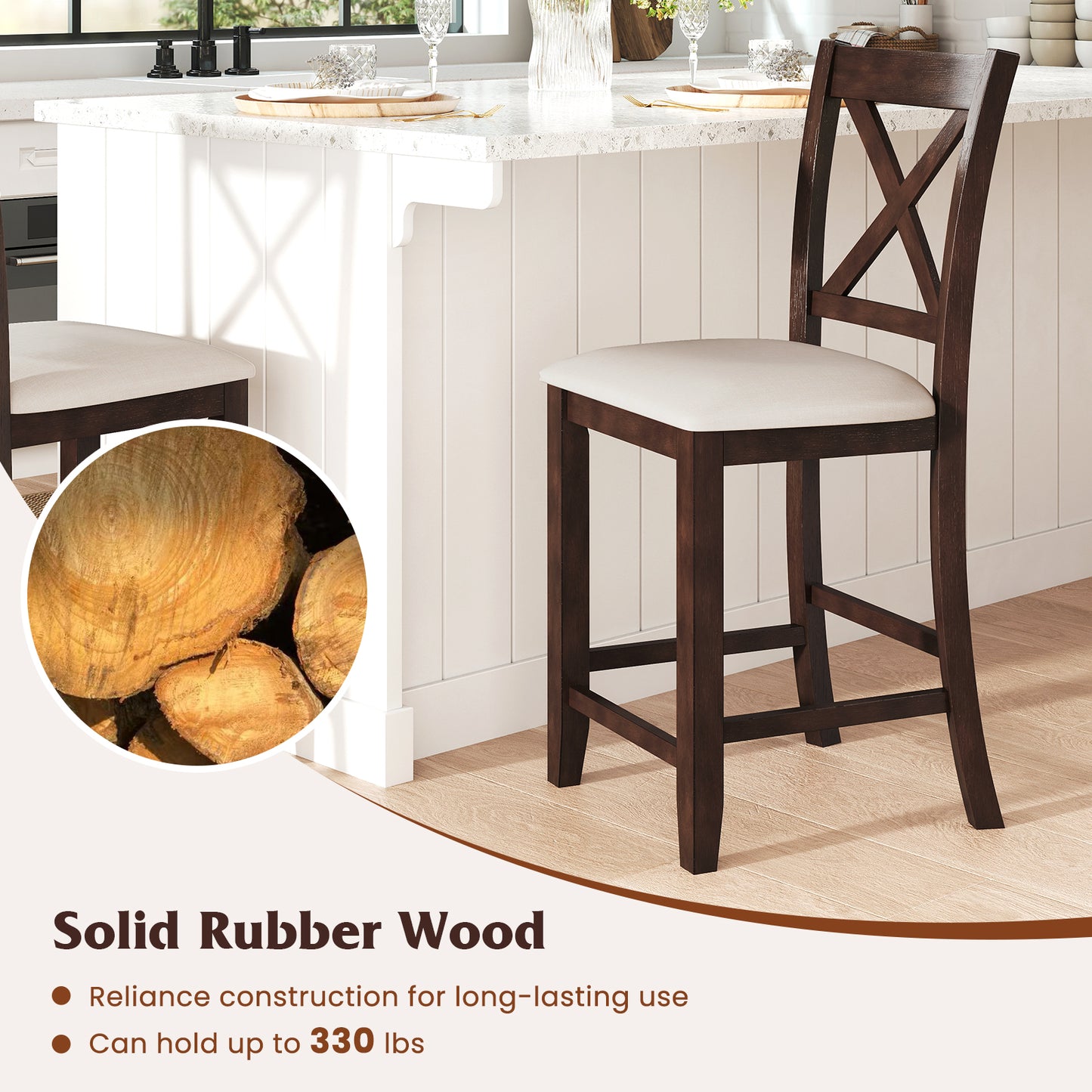 Modern Farmhouse Counter Height Stools with Cushioned Seat and Footrest Set of 2