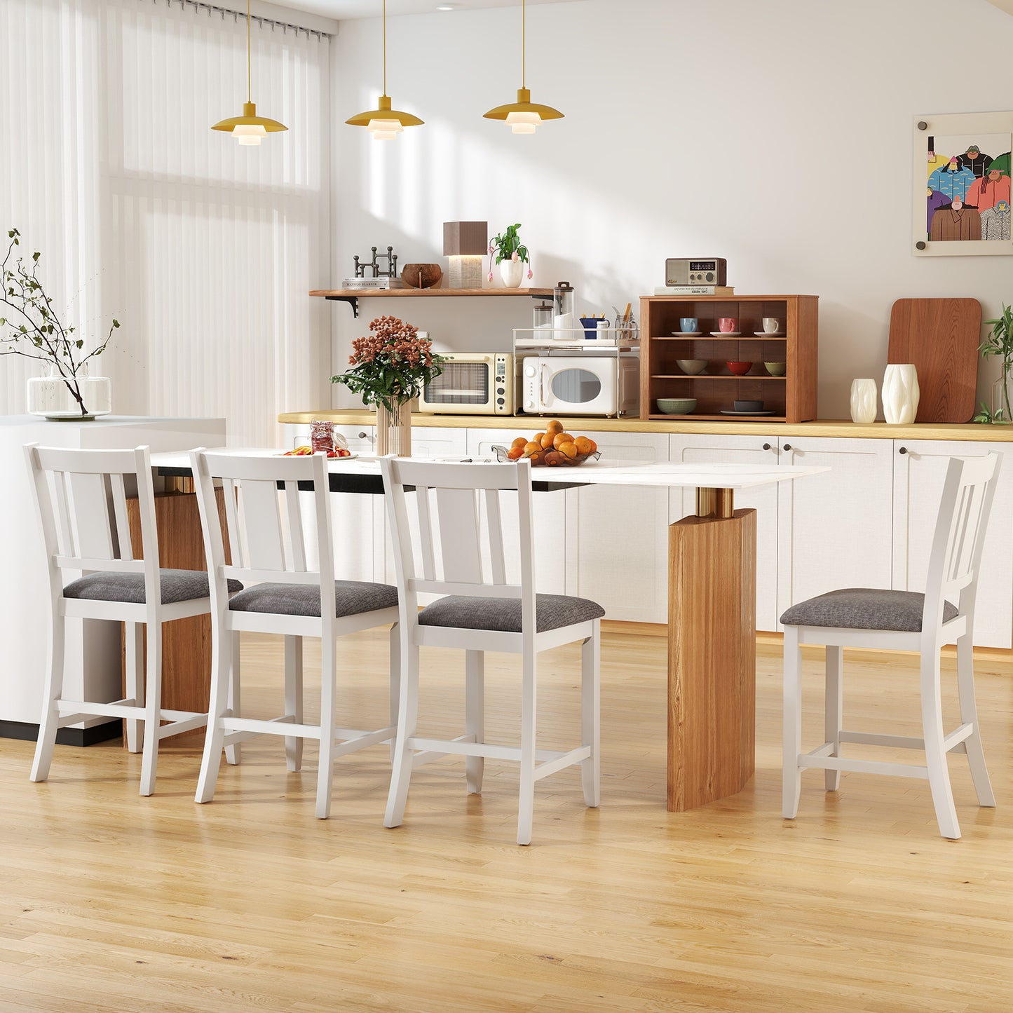 Pair of White Rubber Wood Bar Stools with Ergonomic Backrest and Linen Cushions