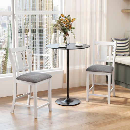 Pair of White Rubber Wood Bar Stools with Ergonomic Backrest and Linen Cushions