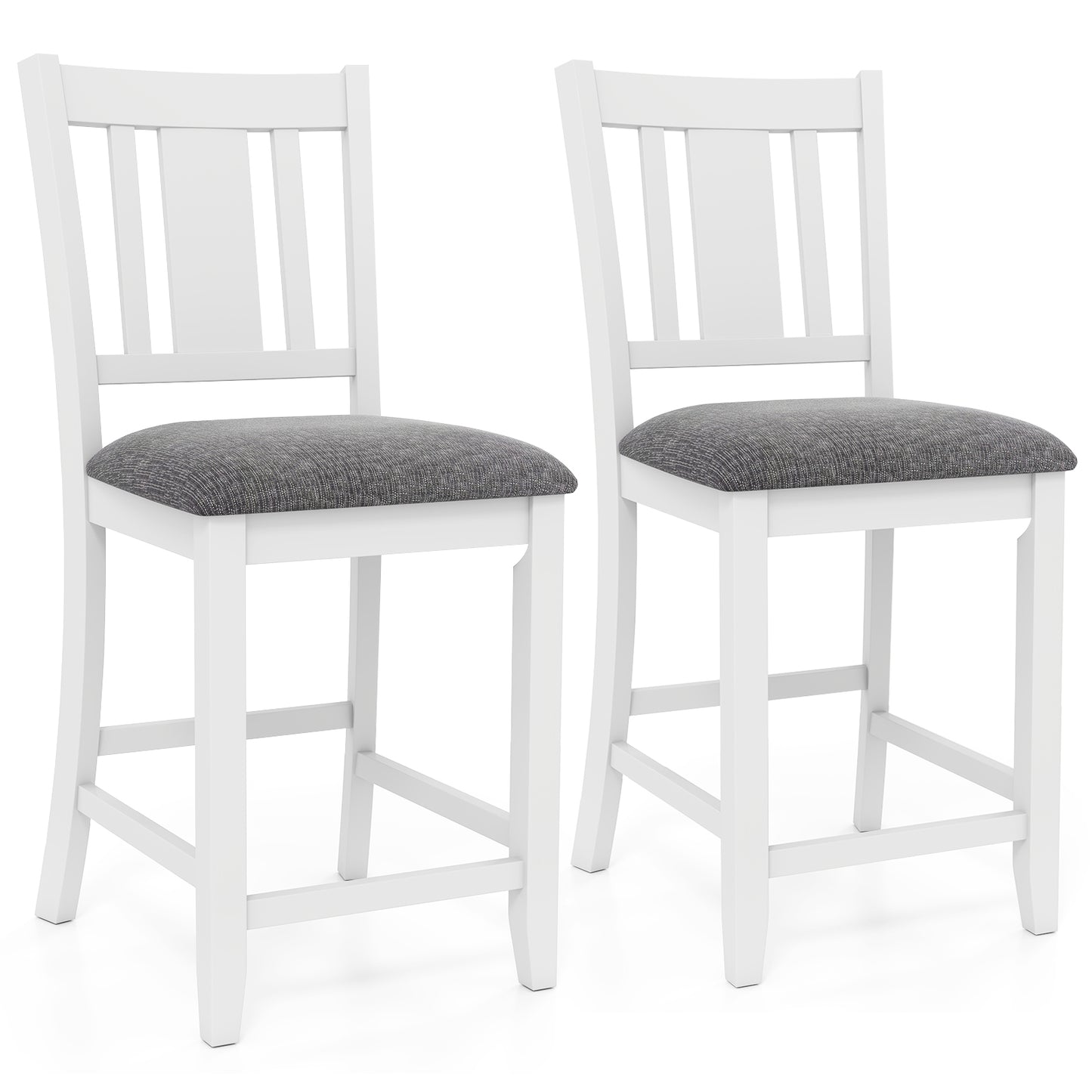 Pair of White Rubber Wood Bar Stools with Ergonomic Backrest and Linen Cushions