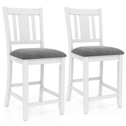 Pair of White Rubber Wood Bar Stools with Ergonomic Backrest and Linen Cushions