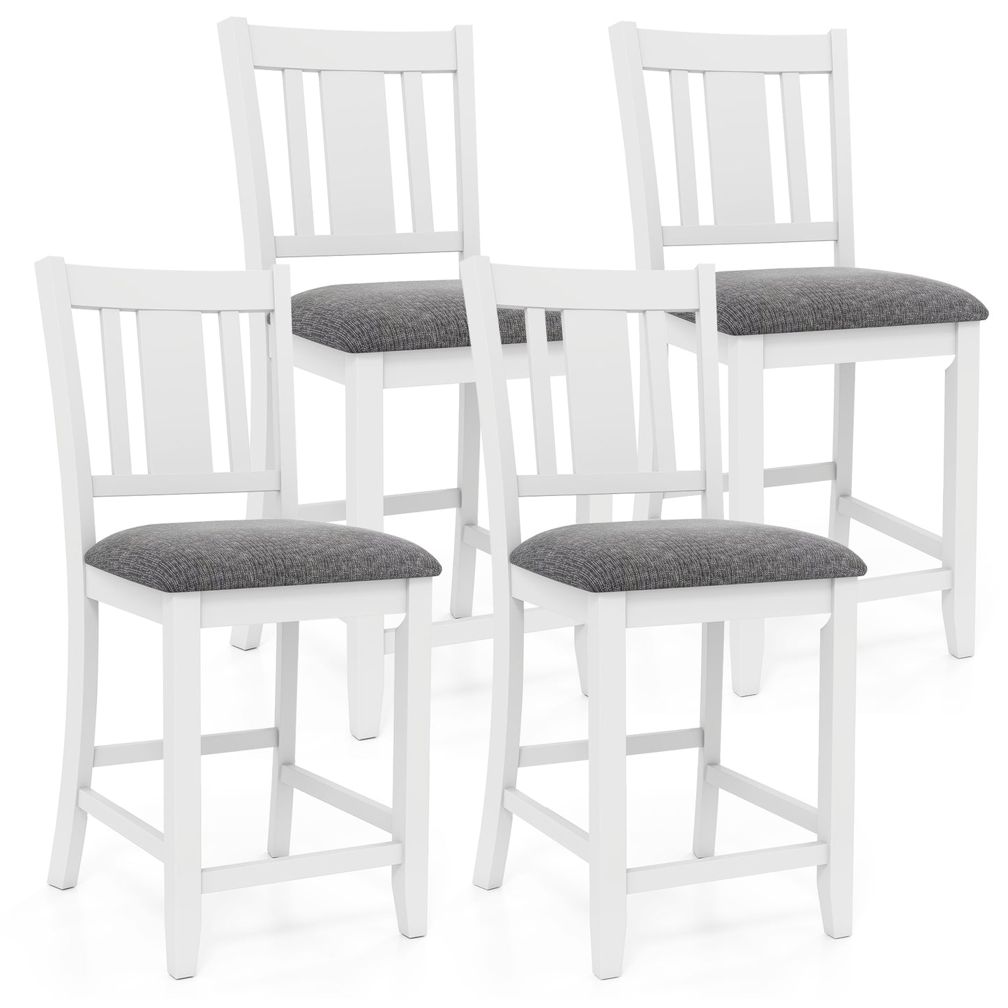 Pair of White Rubber Wood Bar Stools with Ergonomic Backrest and Linen Cushions