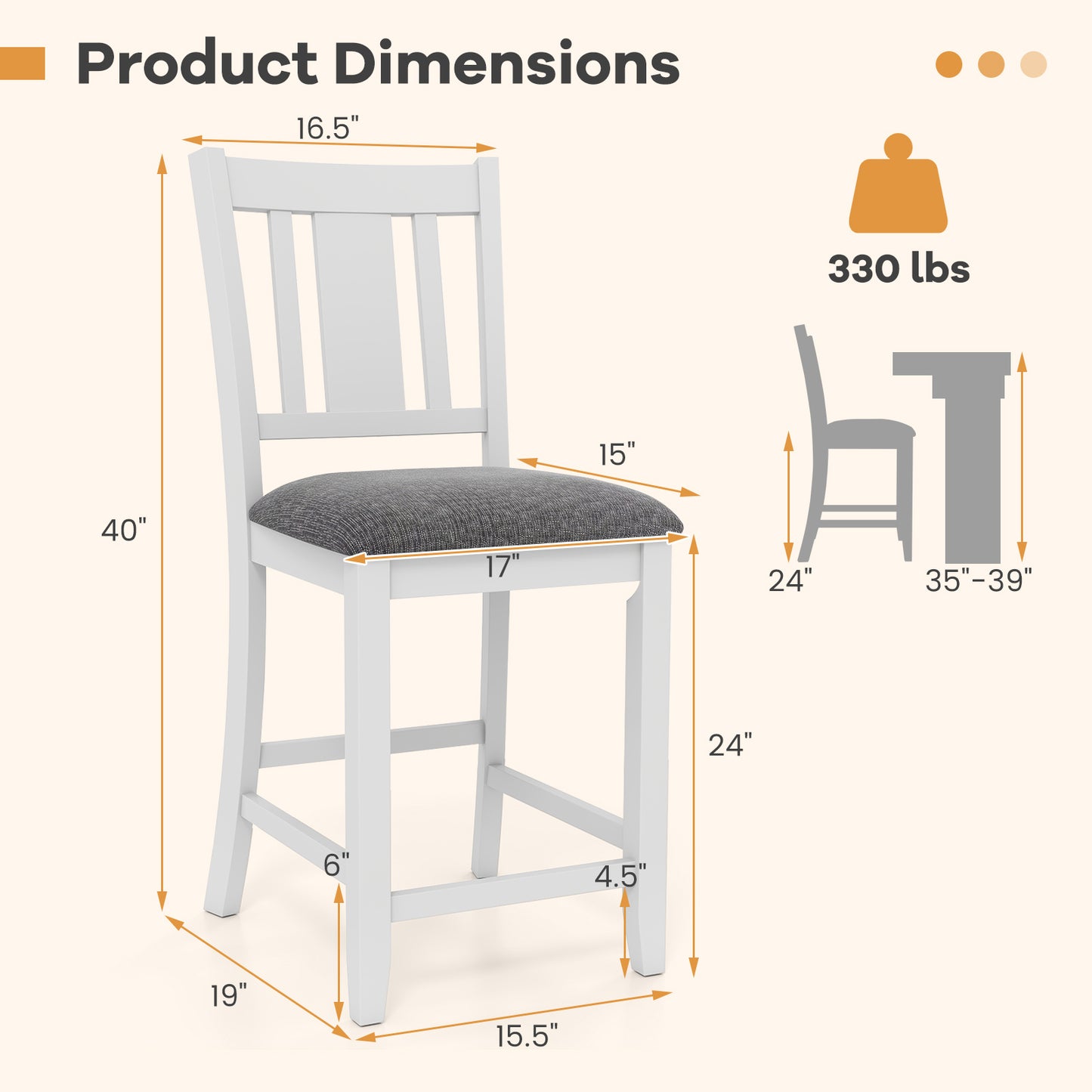 Pair of White Rubber Wood Bar Stools with Ergonomic Backrest and Linen Cushions