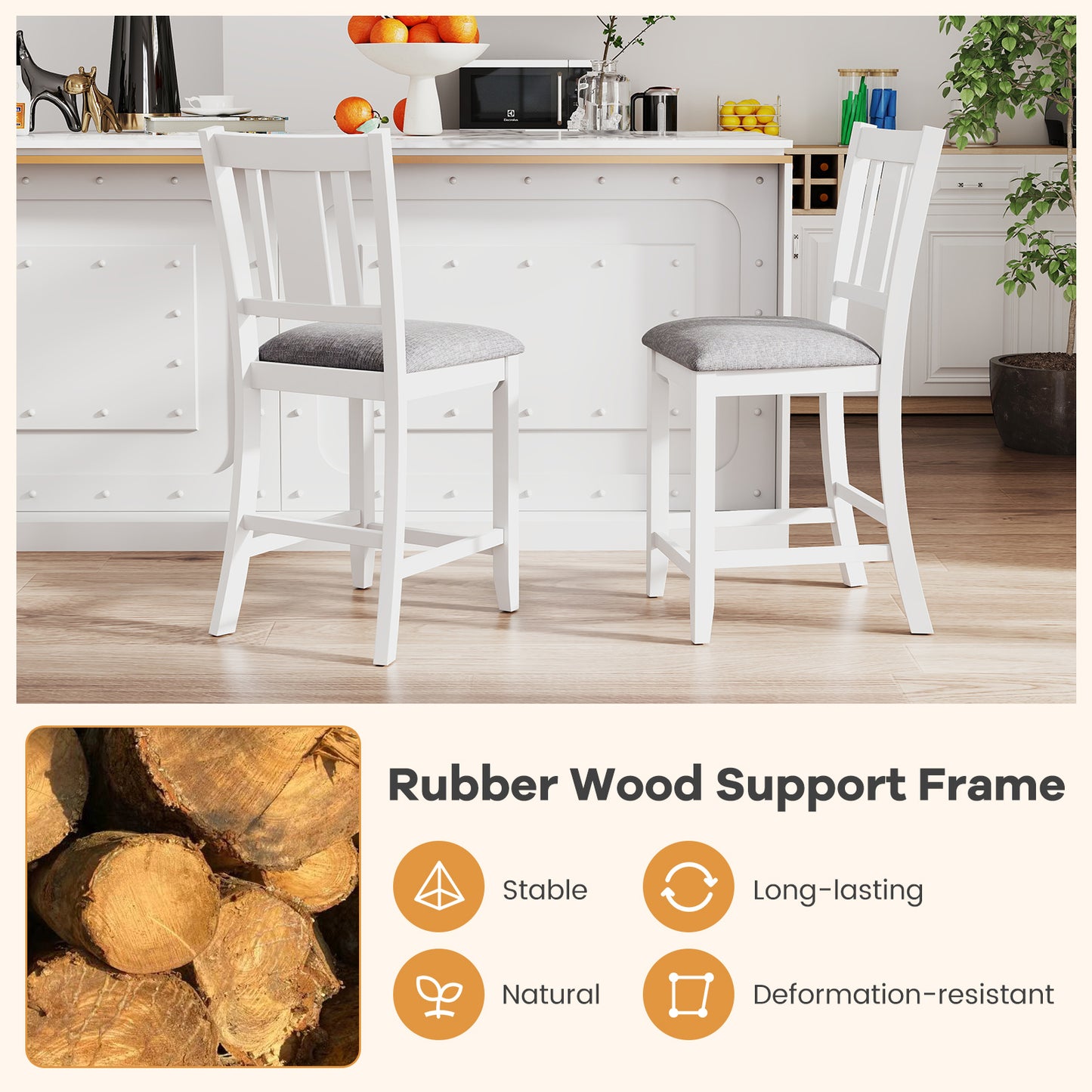 Pair of White Rubber Wood Bar Stools with Ergonomic Backrest and Linen Cushions