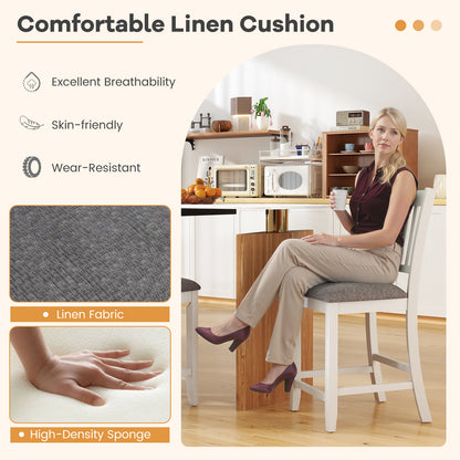 Pair of White Rubber Wood Bar Stools with Ergonomic Backrest and Linen Cushions