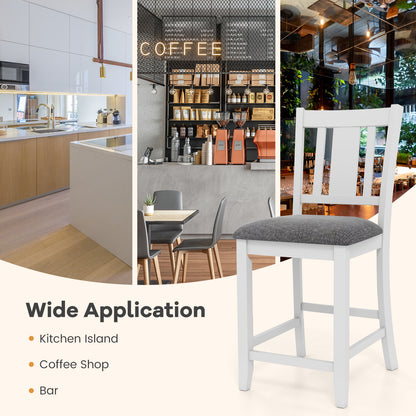Pair of White Rubber Wood Bar Stools with Ergonomic Backrest and Linen Cushions