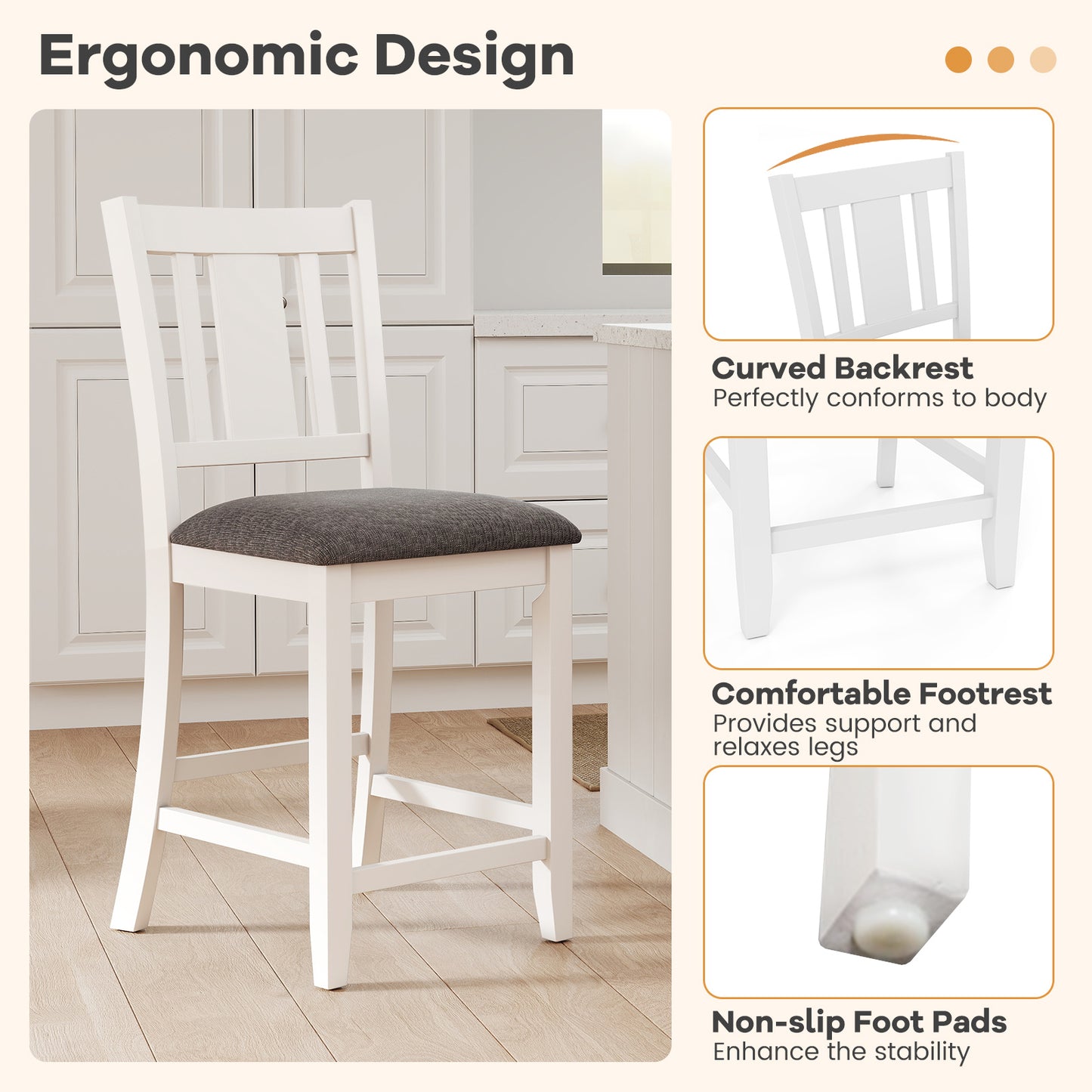 Pair of White Rubber Wood Bar Stools with Ergonomic Backrest and Linen Cushions
