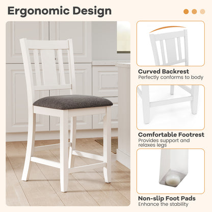 Pair of White Rubber Wood Bar Stools with Ergonomic Backrest and Linen Cushions