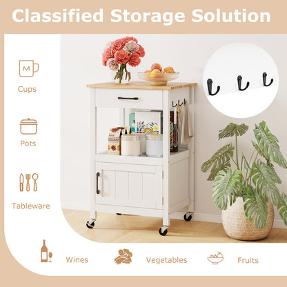 Mobile Kitchen Island Cart with Storage Drawer and Convenient Side Hooks - White