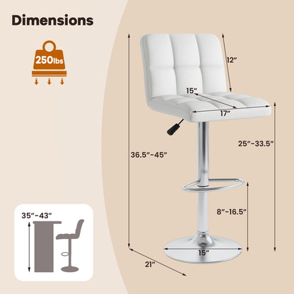 Set of 2 Modern PU Leather Bar Stools with Adjustable Height, Swivel Seat, Backrest and Footrest - White