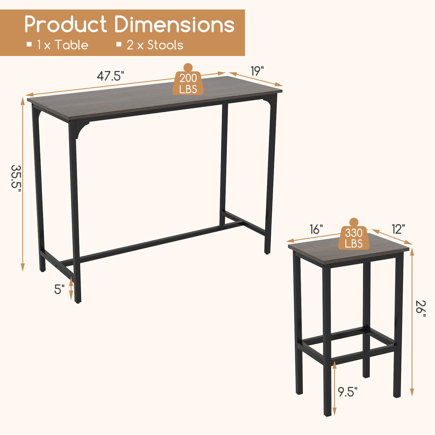 47.5 Inch Industrial Counter Height Dining Set with 2 Bar Stools Grey Finish