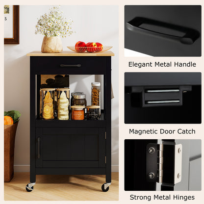 Mobile Kitchen Island Cart with Storage Drawer and Convenient Side Hooks - Black