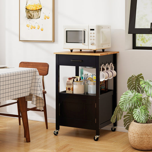 Mobile Kitchen Island Cart with Storage Drawer and Convenient Side Hooks - Black