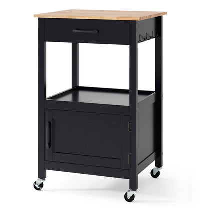 Mobile Kitchen Island Cart with Storage Drawer and Convenient Side Hooks - Black