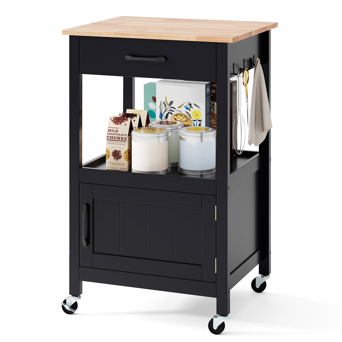 Mobile Kitchen Island Cart with Storage Drawer and Convenient Side Hooks - Black