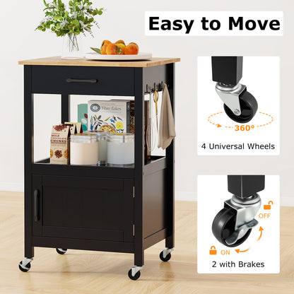 Mobile Kitchen Island Cart with Storage Drawer and Convenient Side Hooks - Black