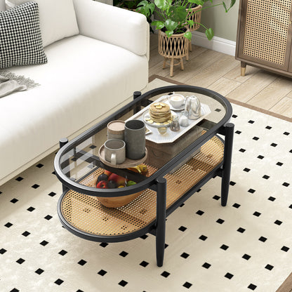 Farmhouse Glass Coffee Table with Rattan Shelf and Acacia Wood Frame - Black
