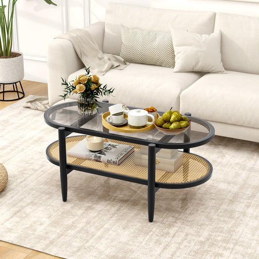 Farmhouse Glass Coffee Table with Rattan Shelf and Acacia Wood Frame - Black